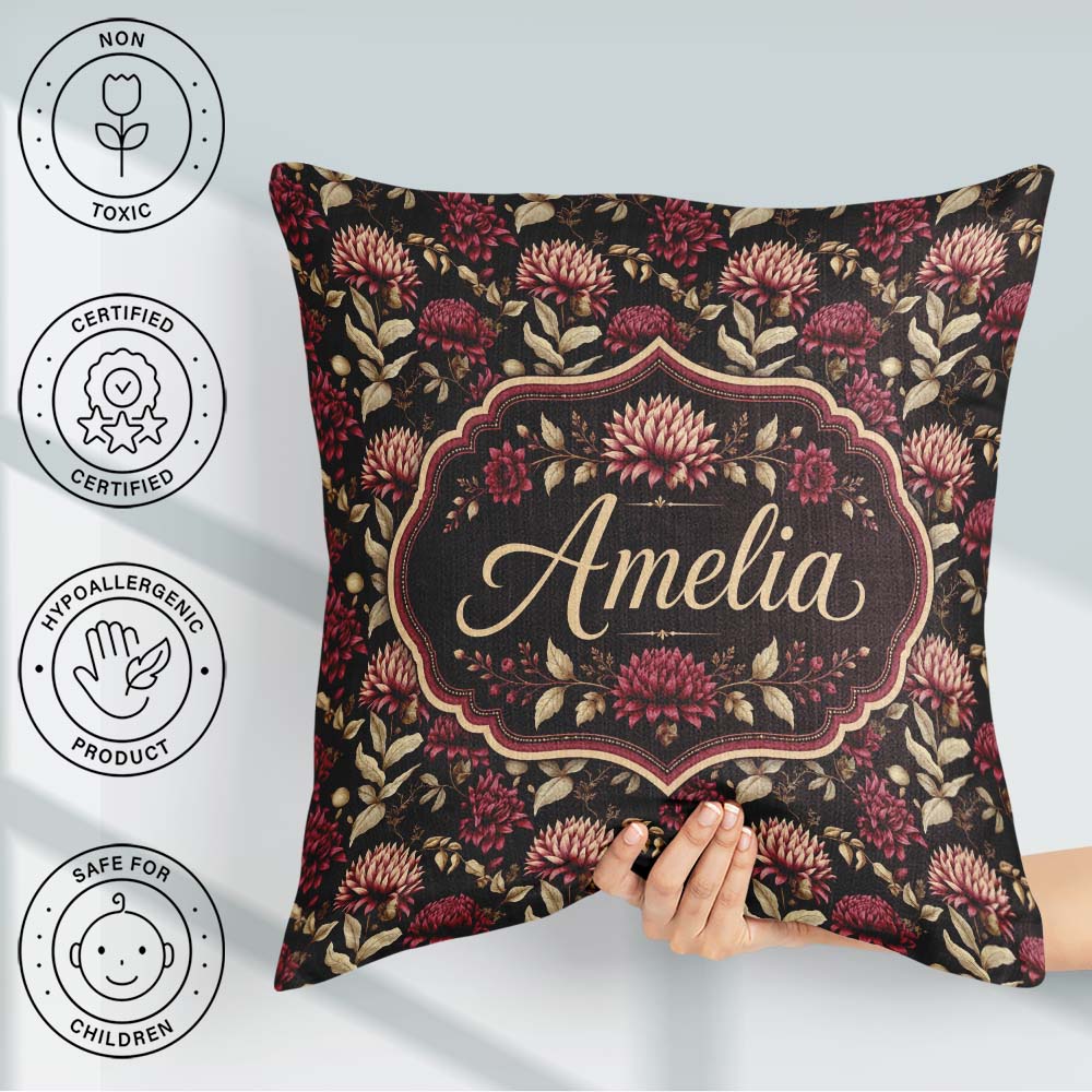 Custom Name Rich Burgundy Dahlia Floral Pattern with Leaves Name Square Filled Cushion Throw Pillow Sofa Bed Home Decor Zip Washable UK Made