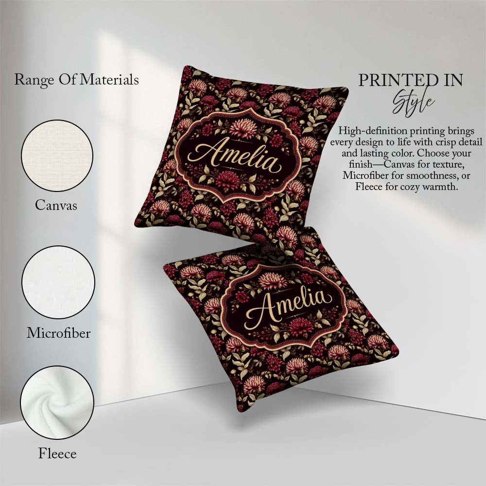 Custom Name Rich Burgundy Dahlia Floral Pattern with Leaves Name Square Filled Cushion Throw Pillow Sofa Bed Home Decor Zip Washable UK Made