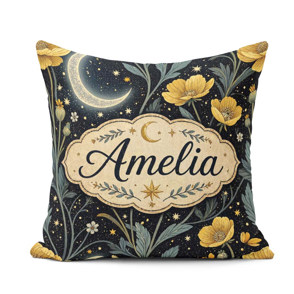 Custom Name Golden Floral Crescent Night Garden Seamless Pattern Square Filled Cushion Throw Pillow Sofa Bed Home Decor Zip Washable UK Made