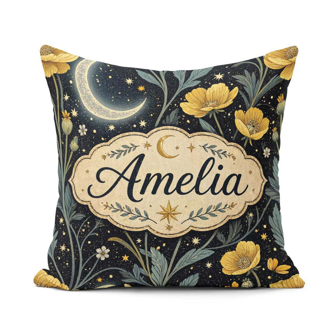Custom Name Golden Floral Crescent Night Garden Seamless Pattern Square Filled Cushion Throw Pillow Sofa Bed Home Decor Zip Washable UK Made