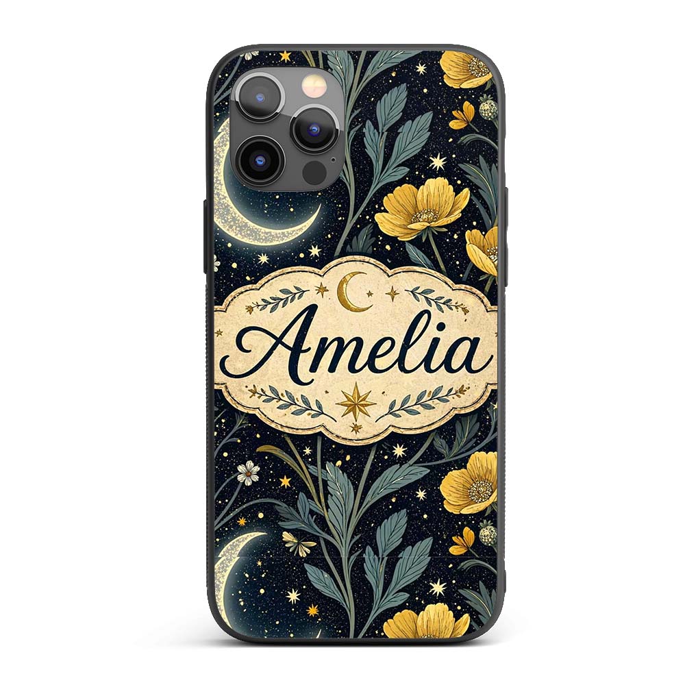 Golden Floral Crescent Moon Night Garden Seamless Custom Name Protective Phone Case Mobile Cover Durable Everyday Smartphone Shock Resistant