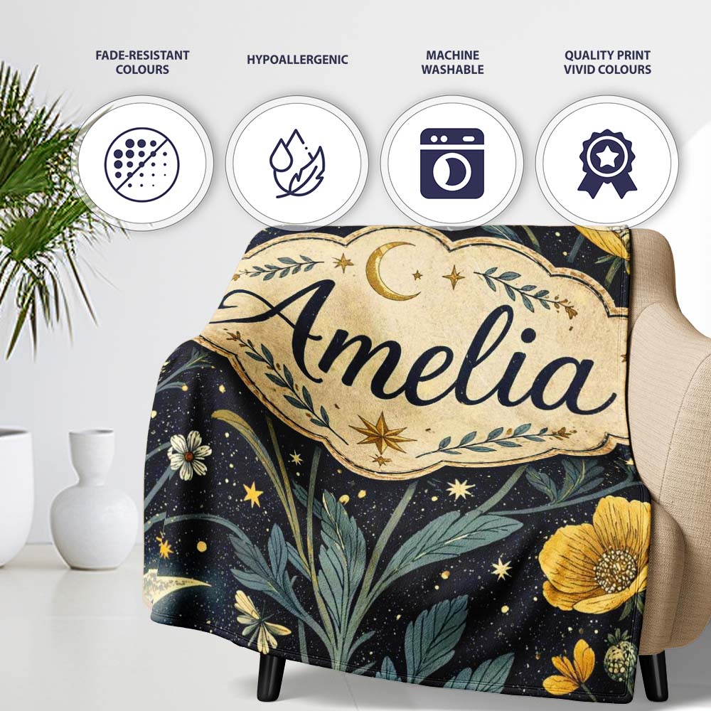 Golden Floral Crescent Moon Night Garden Seamless Pattern Lovely  Personalised Custom Name Super Soft Fleece Blanket Bed Sofa Throw