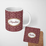 Personalized Custom Name Elegant Burgundy Leaf Botanical Pattern on Deep Red Background 11oz Ceramic Coffee Tea Mug White Large Handle