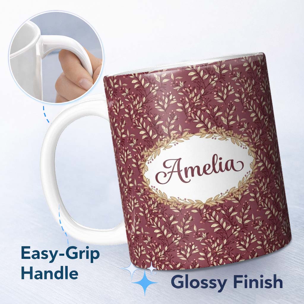 Personalized Custom Name Elegant Burgundy Leaf Botanical Pattern on Deep Red Background 11oz Ceramic Coffee Tea Mug White Large Handle