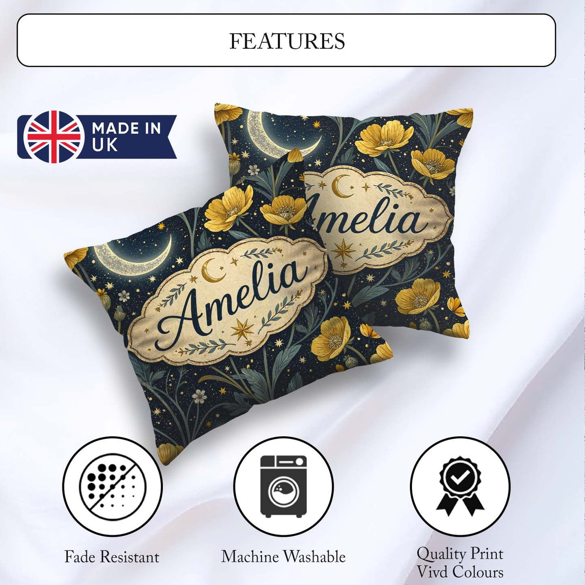 Custom Name Golden Floral Crescent Night Garden Seamless Pattern Square Filled Cushion Throw Pillow Sofa Bed Home Decor Zip Washable UK Made