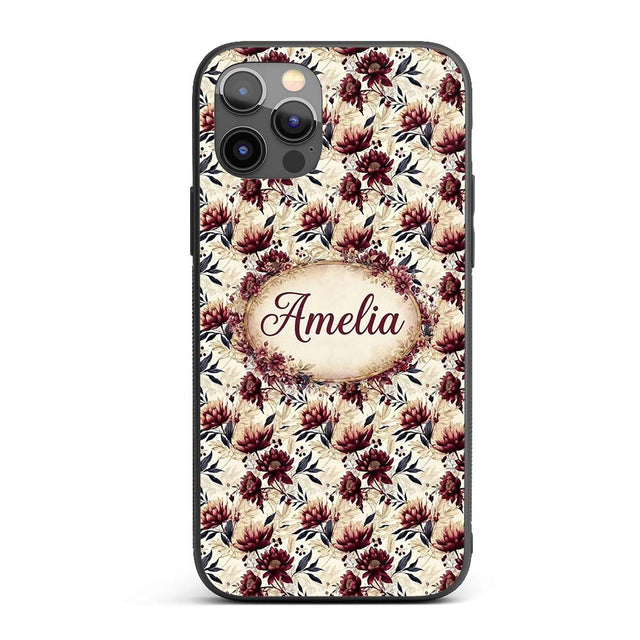 Soft Beige and Burgundy Floral Garden Pattern Custom Name Protective Phone Case Mobile Cover Durable Everyday Smartphone Shock Resistant