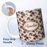 Personalized Custom Name Soft Beige and Burgundy Floral Garden Pattern Seamless Name Cute 11oz Ceramic Coffee Tea Mug White Large Handle