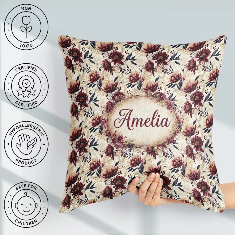 Custom Name Soft Beige and Burgundy Floral Pattern Seamless Name Square Filled Cushion Throw Pillow Sofa Bed Home Decor Zip Washable UK Made