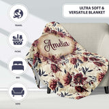 Soft Beige and Burgundy Floral Garden Pattern Seamless Name Cute  Personalised Custom Name Super Soft Fleece Blanket Bed Sofa Throw