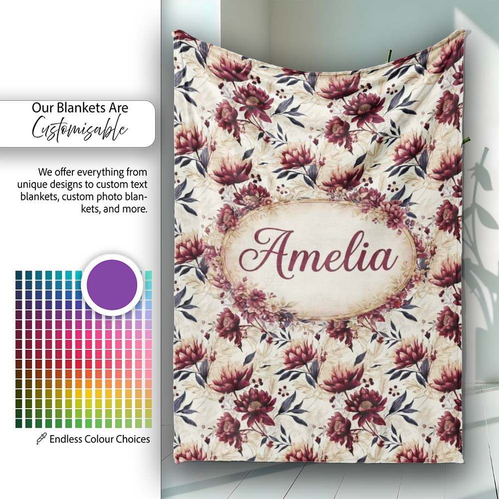 Soft Beige and Burgundy Floral Garden Pattern Seamless Name Cute  Personalised Custom Name Super Soft Fleece Blanket Bed Sofa Throw