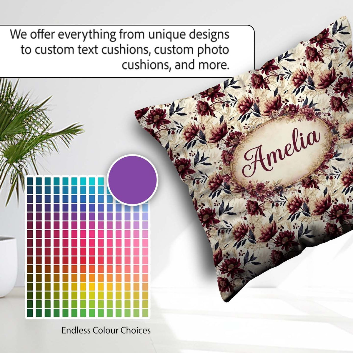Custom Name Soft Beige and Burgundy Floral Pattern Seamless Name Square Filled Cushion Throw Pillow Sofa Bed Home Decor Zip Washable UK Made