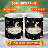 Personalized Custom Name Bunny Rabbits Flowers Butterflies Meadow Soft White Seamless 11oz Ceramic Coffee Tea Mug White Large Handle