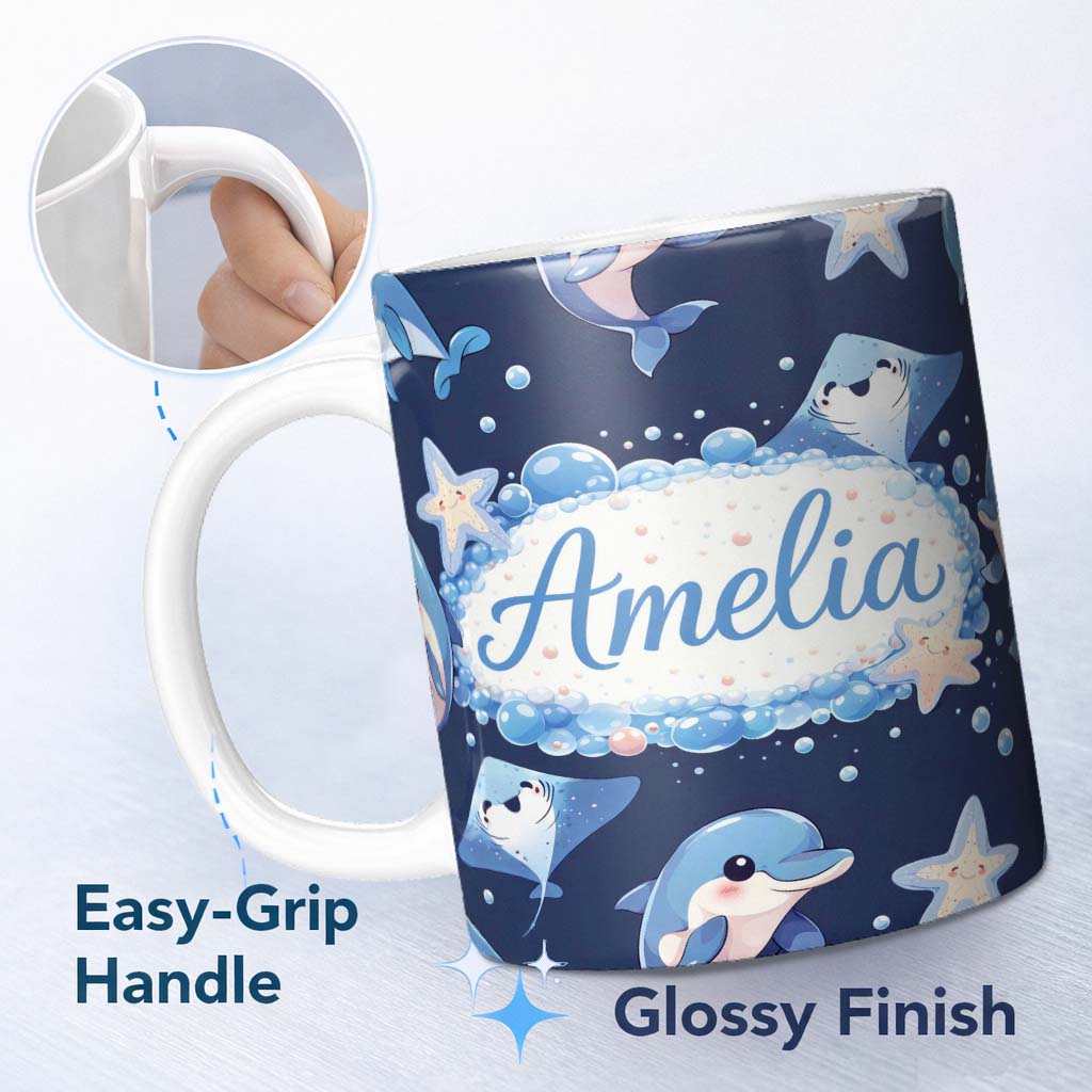Personalized Custom Name Cute Dolphin Stingray Starfish Cartoon Sea Life Pattern Navy Lovely 11oz Ceramic Coffee Tea Mug White Large Handle