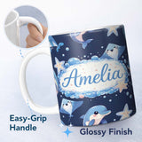 Personalized Custom Name Cute Dolphin Stingray Starfish Cartoon Sea Life Pattern Navy Lovely 11oz Ceramic Coffee Tea Mug White Large Handle