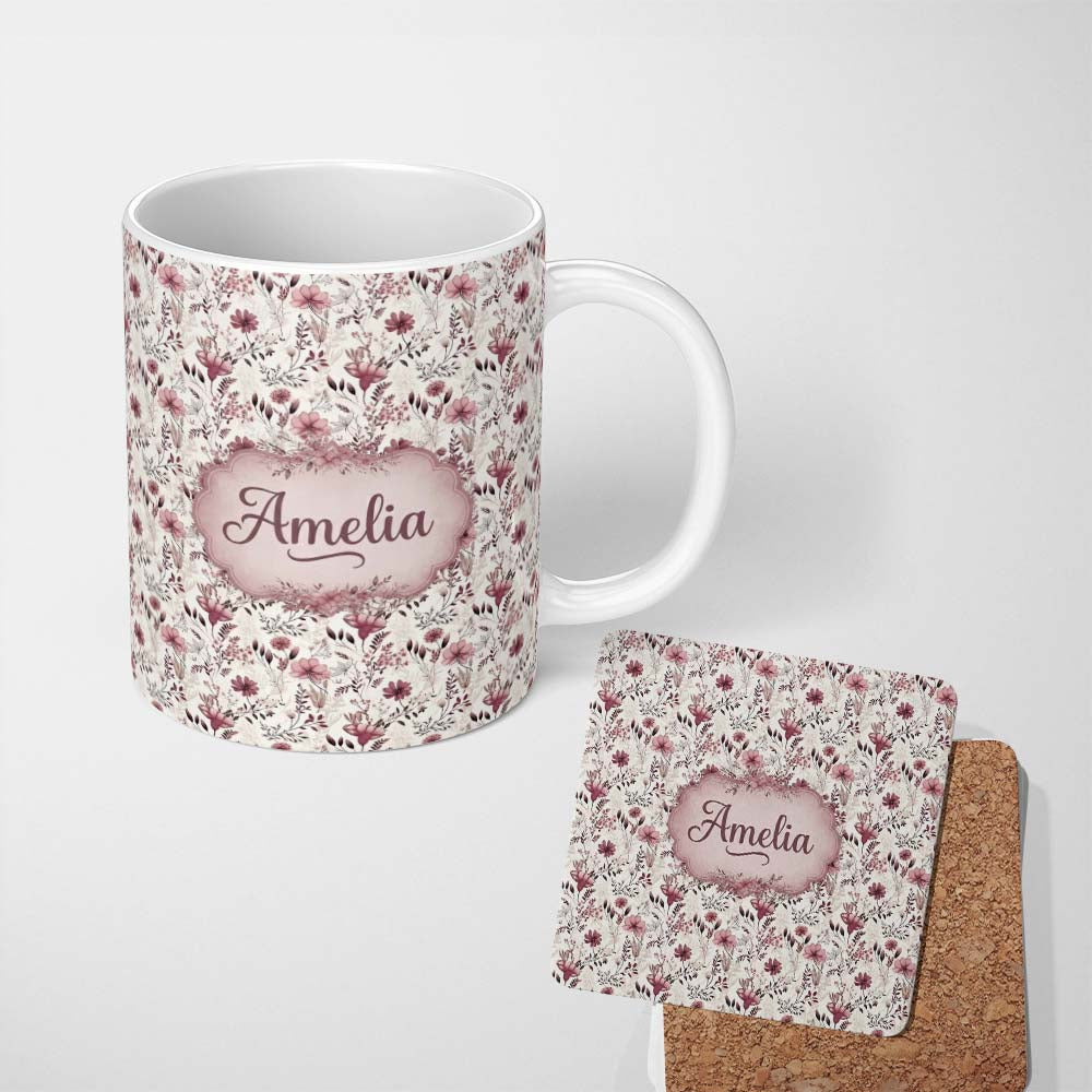 Personalized Custom Name Autumn Botanical Floral Pattern in Burgundy and Neutral Tones 11oz Ceramic Coffee Tea Mug White Large Handle