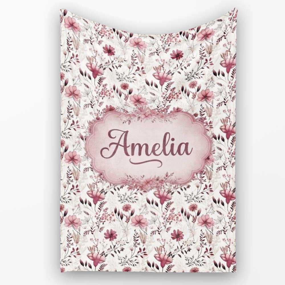 Autumn Botanical Floral Pattern in Burgundy and Neutral Tones  Personalised Custom Name Super Soft Fleece Blanket Bed Sofa Throw