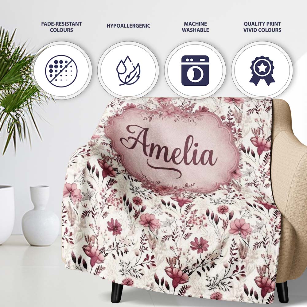 Autumn Botanical Floral Pattern in Burgundy and Neutral Tones  Personalised Custom Name Super Soft Fleece Blanket Bed Sofa Throw