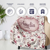 Autumn Botanical Floral Pattern in Burgundy and Neutral Tones  Personalised Custom Name Super Soft Fleece Blanket Bed Sofa Throw