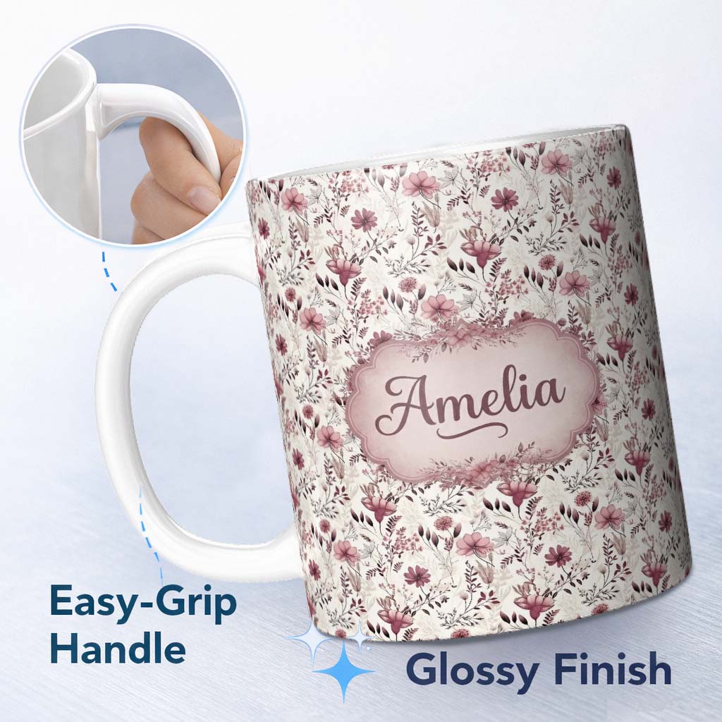 Personalized Custom Name Autumn Botanical Floral Pattern in Burgundy and Neutral Tones 11oz Ceramic Coffee Tea Mug White Large Handle