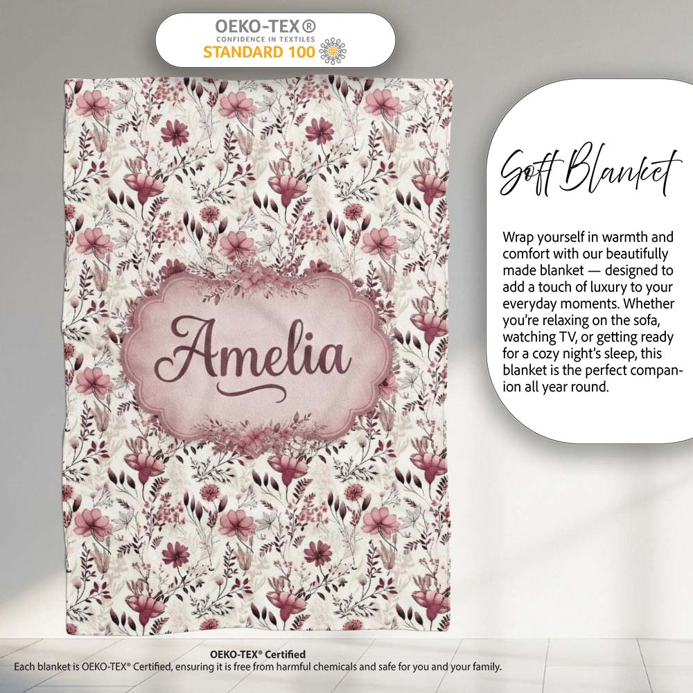 Autumn Botanical Floral Pattern in Burgundy and Neutral Tones  Personalised Custom Name Super Soft Fleece Blanket Bed Sofa Throw