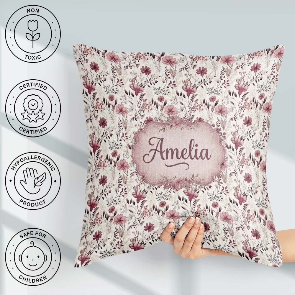 Custom Name Autumn Botanical Floral Pattern in and Neutral Tones Square Filled Cushion Throw Pillow Sofa Bed Home Decor Zip Washable UK Made
