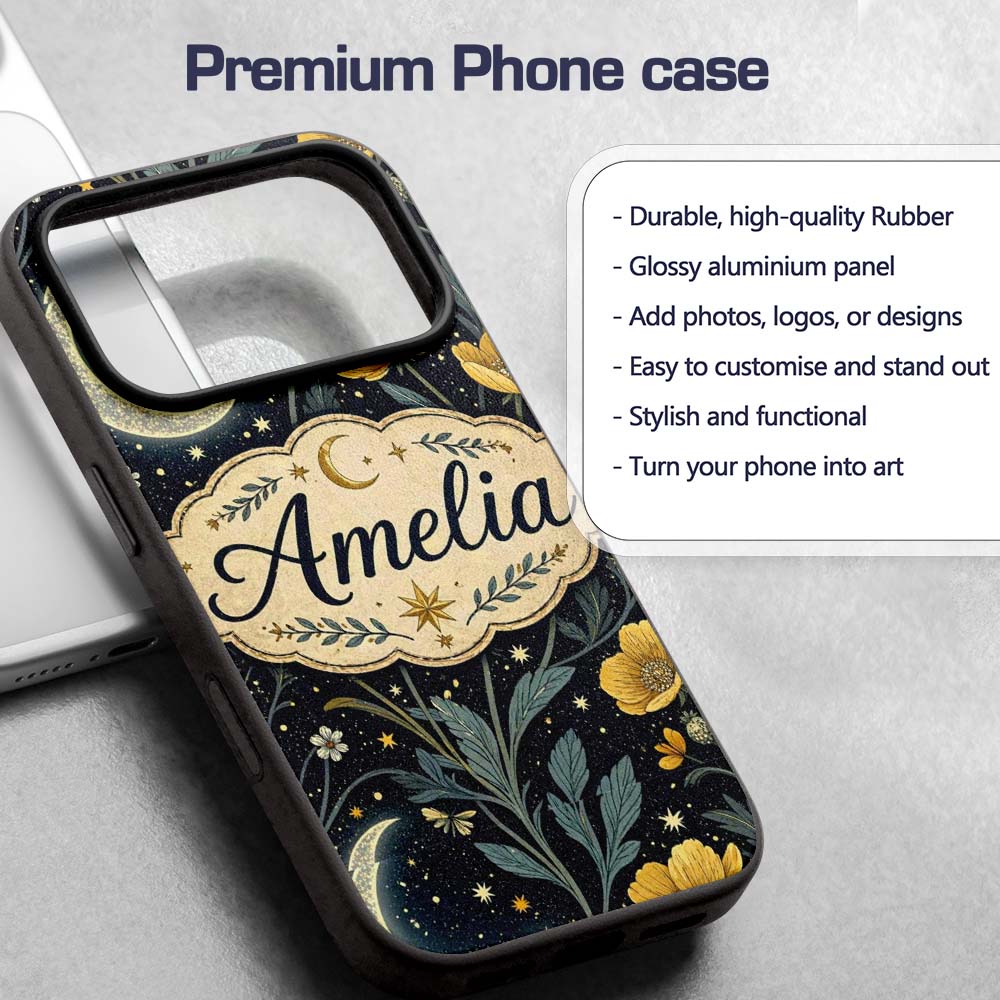 Golden Floral Crescent Moon Night Garden Seamless Custom Name Protective Phone Case Mobile Cover Durable Everyday Smartphone Shock Resistant