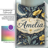 Golden Floral Crescent Moon Night Garden Seamless Pattern Lovely  Personalised Custom Name Super Soft Fleece Blanket Bed Sofa Throw