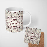 Personalized Custom Name Neutral Wildflower Botanical Pattern with Burgundy Accents Seamless 11oz Ceramic Coffee Tea Mug White Large Handle