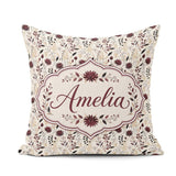 Custom Name Neutral Wildflower Pattern Burgundy Accents Seamless Square Filled Cushion Throw Pillow Sofa Bed Home Decor Zip Washable UK Made
