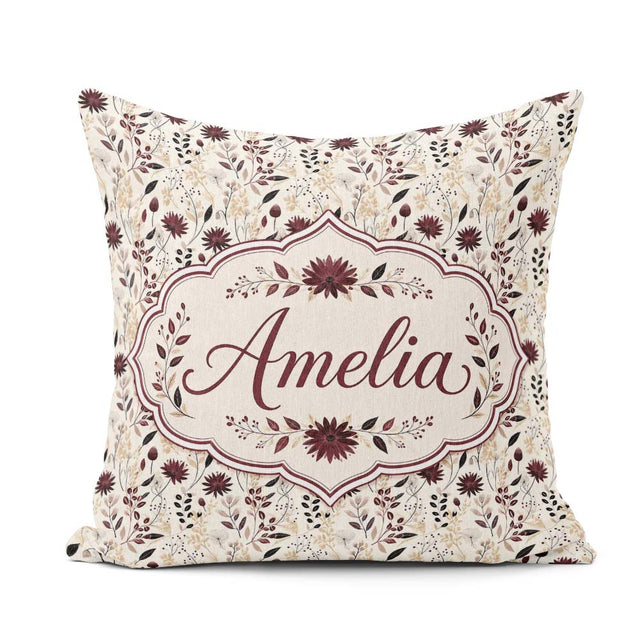 Custom Name Neutral Wildflower Pattern Burgundy Accents Seamless Square Filled Cushion Throw Pillow Sofa Bed Home Decor Zip Washable UK Made