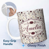 Personalized Custom Name Neutral Wildflower Botanical Pattern with Burgundy Accents Seamless 11oz Ceramic Coffee Tea Mug White Large Handle