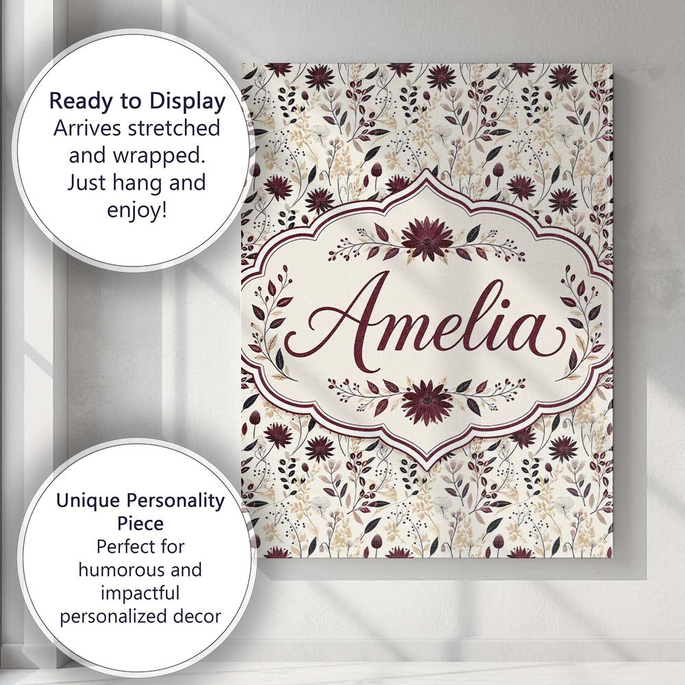Personalised Name Neutral Wildflower Custom Premium Decorative Design Modern Room Accent Canvas Wall Art Print Decor Picture Ready to Hang