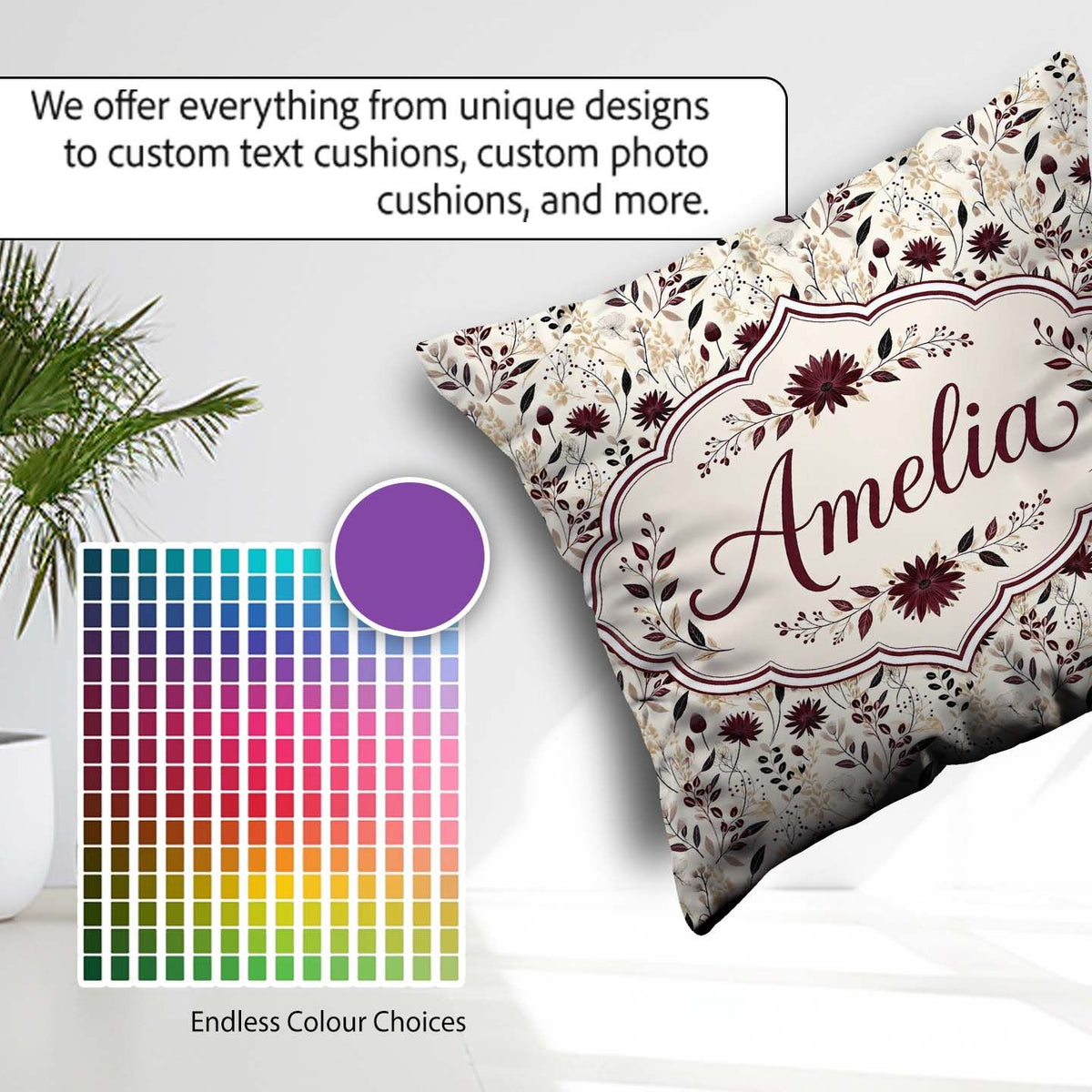 Custom Name Neutral Wildflower Pattern Burgundy Accents Seamless Square Filled Cushion Throw Pillow Sofa Bed Home Decor Zip Washable UK Made