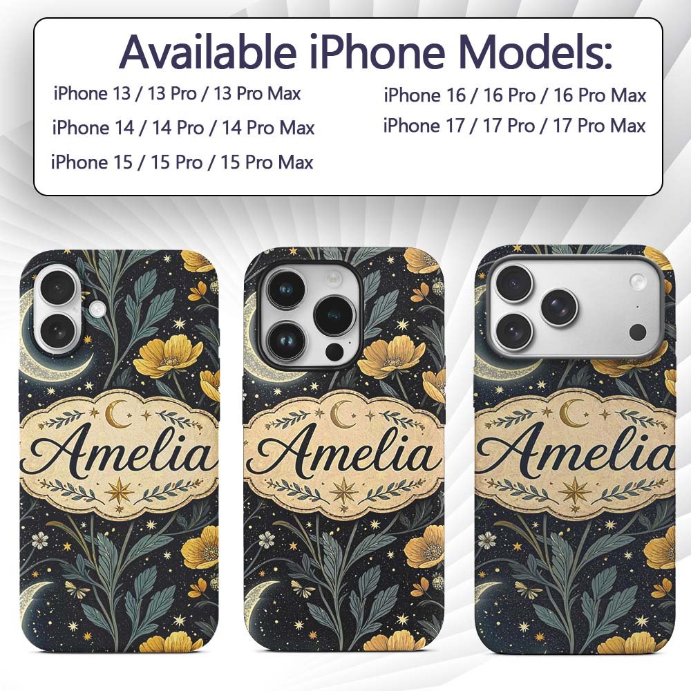 Golden Floral Crescent Moon Night Garden Seamless Custom Name Protective Phone Case Mobile Cover Durable Everyday Smartphone Shock Resistant
