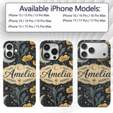 Golden Floral Crescent Moon Night Garden Seamless Custom Name Protective Phone Case Mobile Cover Durable Everyday Smartphone Shock Resistant
