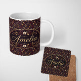 Personalized Custom Name Dark Burgundy and Gold Botanical Leaves Floral Seamless Pattern 11oz Ceramic Coffee Tea Mug White Large Handle
