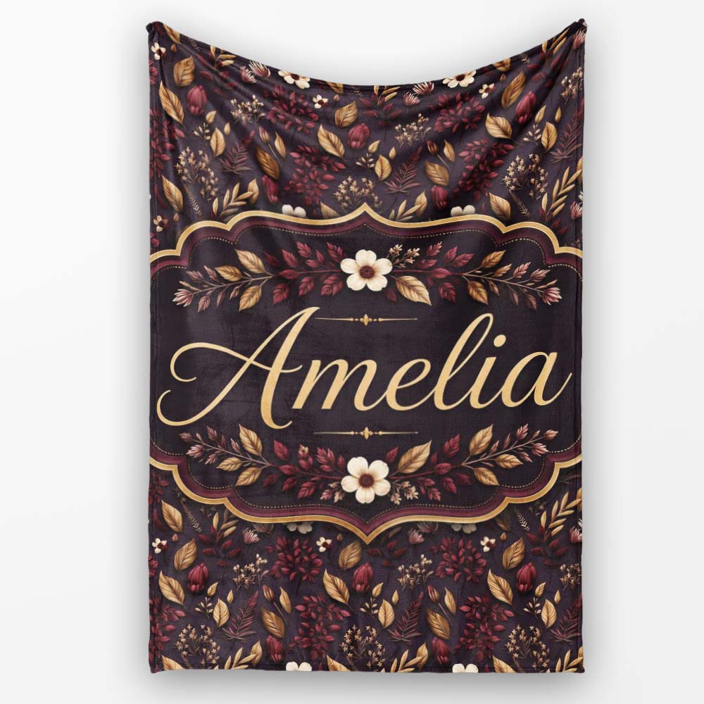 Dark Burgundy and Gold Botanical Leaves Floral Seamless Pattern  Personalised Custom Name Super Soft Fleece Blanket Bed Sofa Throw