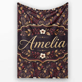 Dark Burgundy and Gold Botanical Leaves Floral Seamless Pattern  Personalised Custom Name Super Soft Fleece Blanket Bed Sofa Throw