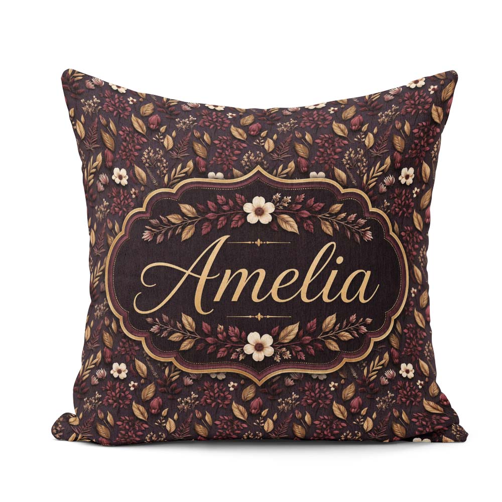 Custom Name Dark Burgundy Gold Botanical Leaves Seamless Pattern Square Filled Cushion Throw Pillow Sofa Bed Home Decor Zip Washable UK Made