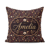 Custom Name Dark Burgundy Gold Botanical Leaves Seamless Pattern Square Filled Cushion Throw Pillow Sofa Bed Home Decor Zip Washable UK Made