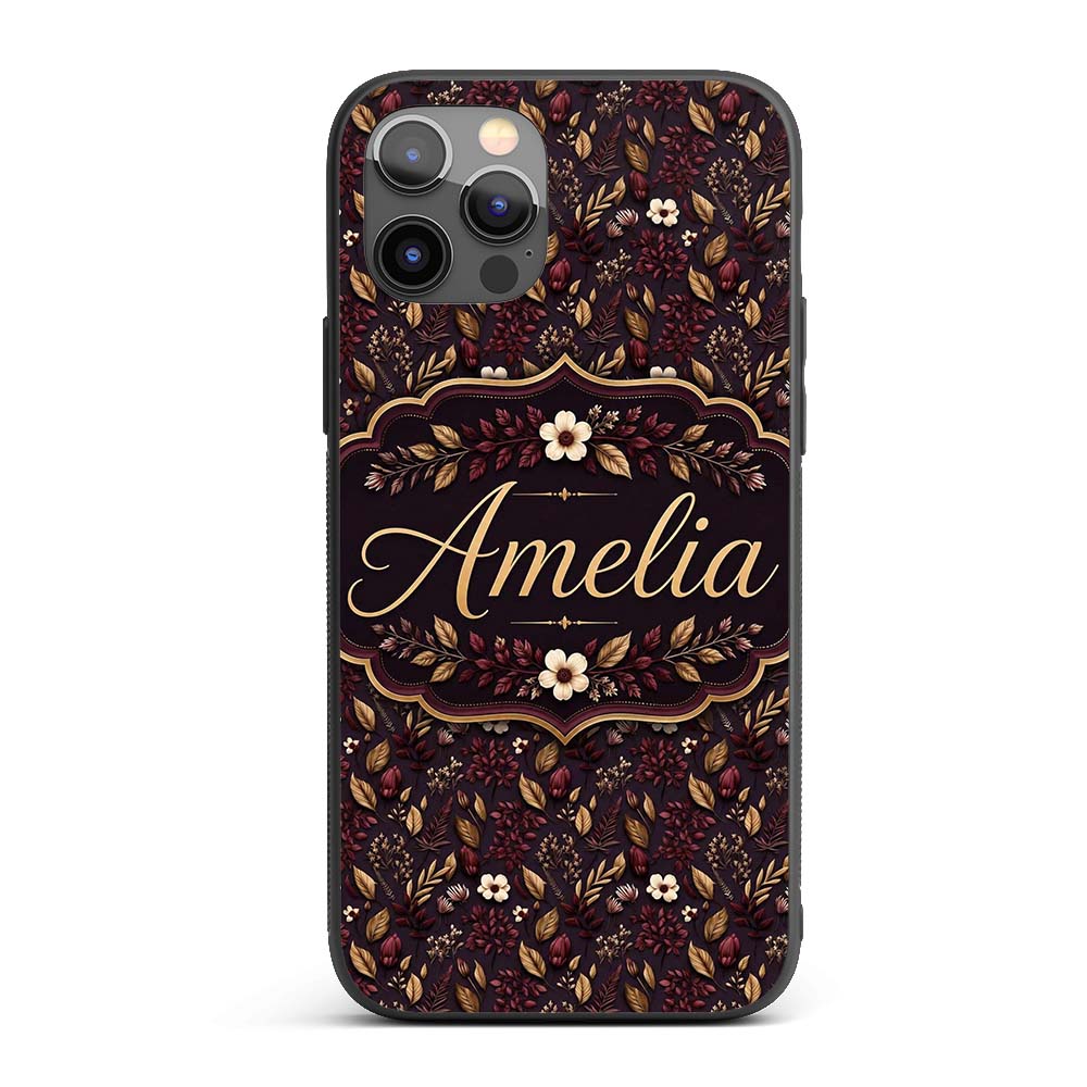 Dark Burgundy and Gold Botanical Leaves Floral Custom Name Protective Phone Case Mobile Cover Durable Everyday Smartphone Shock Resistant