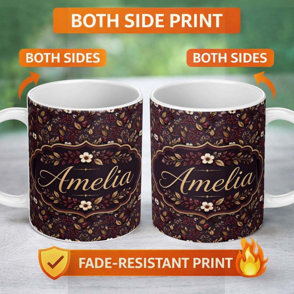 Personalized Custom Name Dark Burgundy and Gold Botanical Leaves Floral Seamless Pattern 11oz Ceramic Coffee Tea Mug White Large Handle