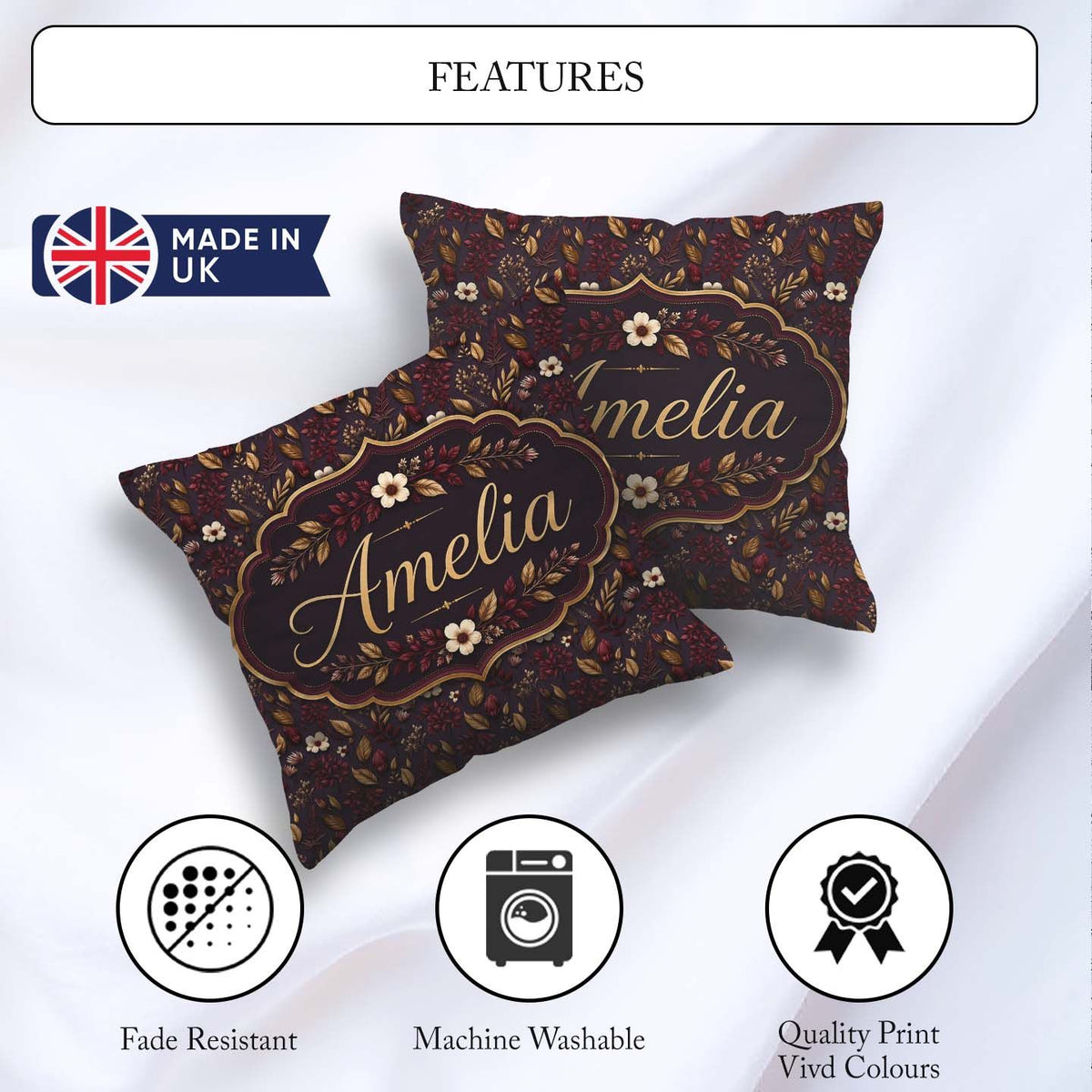 Custom Name Dark Burgundy Gold Botanical Leaves Seamless Pattern Square Filled Cushion Throw Pillow Sofa Bed Home Decor Zip Washable UK Made