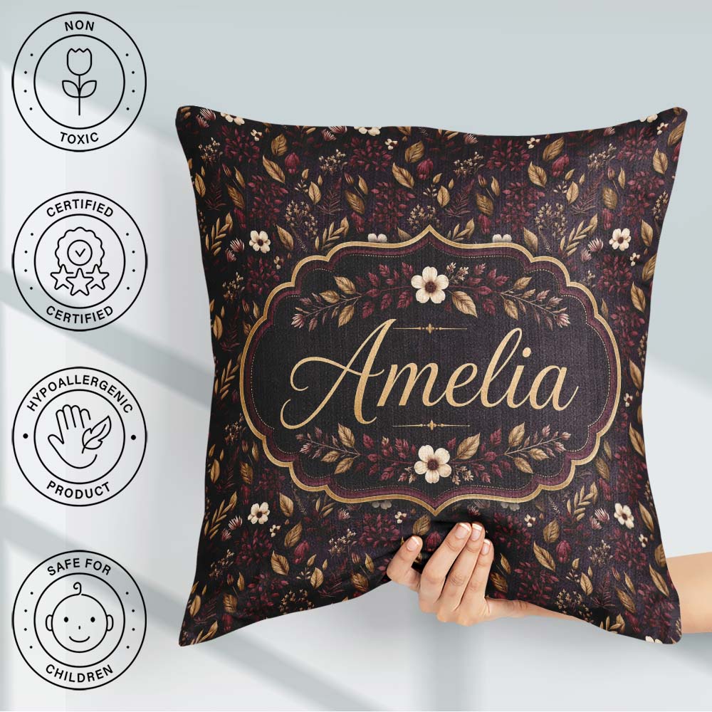 Custom Name Dark Burgundy Gold Botanical Leaves Seamless Pattern Square Filled Cushion Throw Pillow Sofa Bed Home Decor Zip Washable UK Made