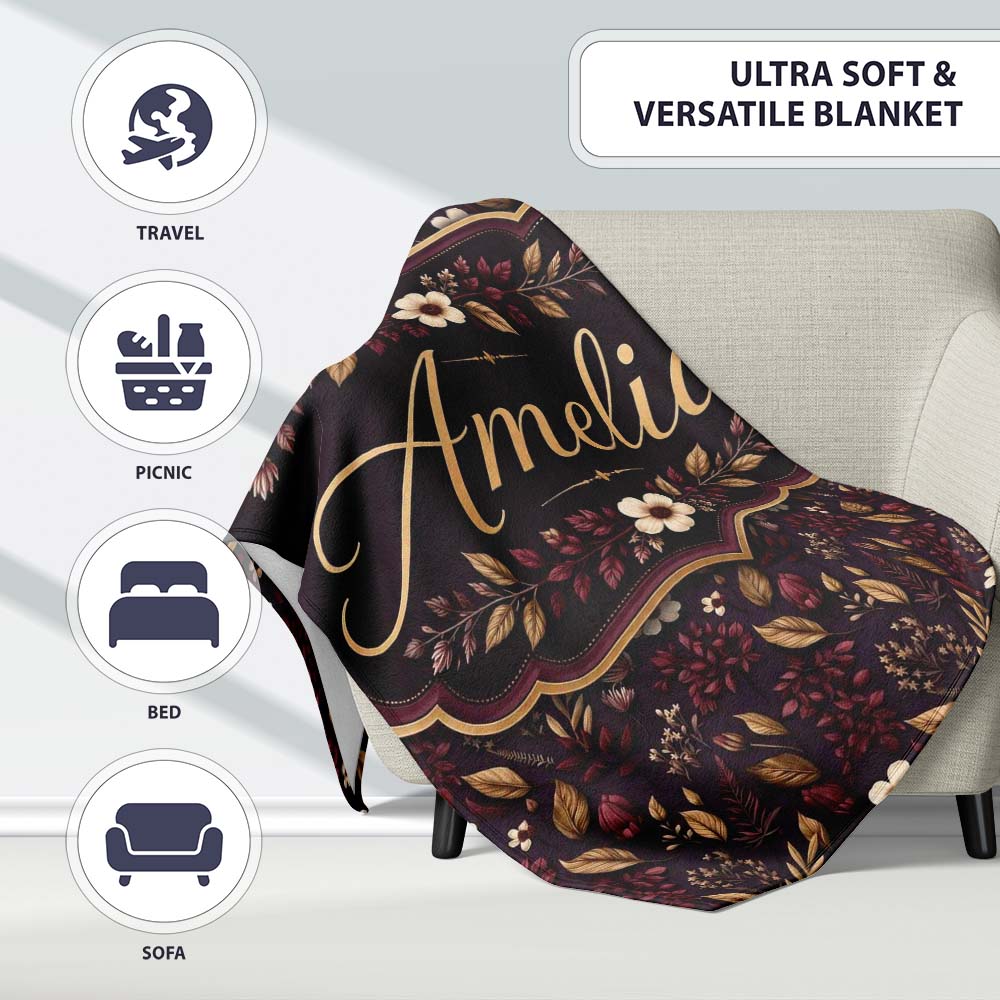 Dark Burgundy and Gold Botanical Leaves Floral Seamless Pattern  Personalised Custom Name Super Soft Fleece Blanket Bed Sofa Throw