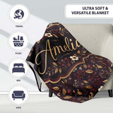 Dark Burgundy and Gold Botanical Leaves Floral Seamless Pattern  Personalised Custom Name Super Soft Fleece Blanket Bed Sofa Throw