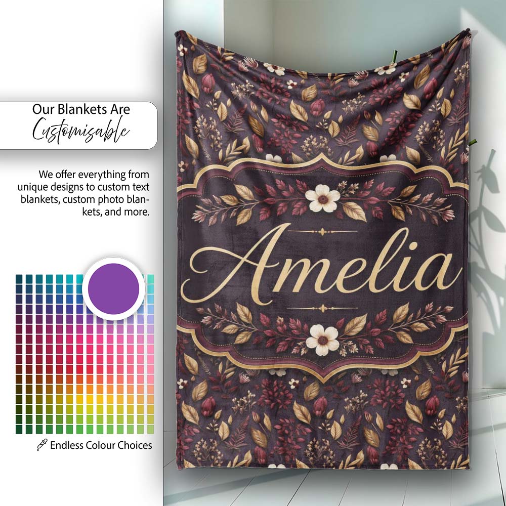 Dark Burgundy and Gold Botanical Leaves Floral Seamless Pattern  Personalised Custom Name Super Soft Fleece Blanket Bed Sofa Throw