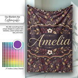 Dark Burgundy and Gold Botanical Leaves Floral Seamless Pattern  Personalised Custom Name Super Soft Fleece Blanket Bed Sofa Throw