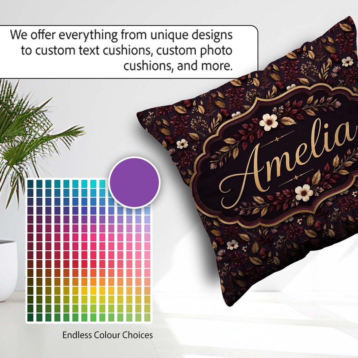 Custom Name Dark Burgundy Gold Botanical Leaves Seamless Pattern Square Filled Cushion Throw Pillow Sofa Bed Home Decor Zip Washable UK Made