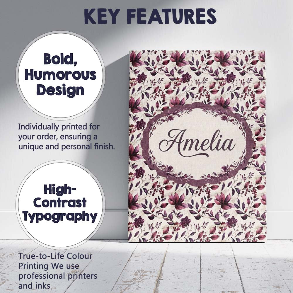 Personalised Name Elegant Plum Floral Custom Modern Room Accent Creative Decorator Style Canvas Wall Art Print Decor Picture Ready to Hang
